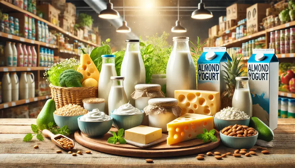 DALL·E 2024-11-07 11.23.44 - A 16_9 aspect ratio image featuring a vibrant display of dairy and plant-based alternative products. The scene includes milk bottles, cheese wedges, y.webp