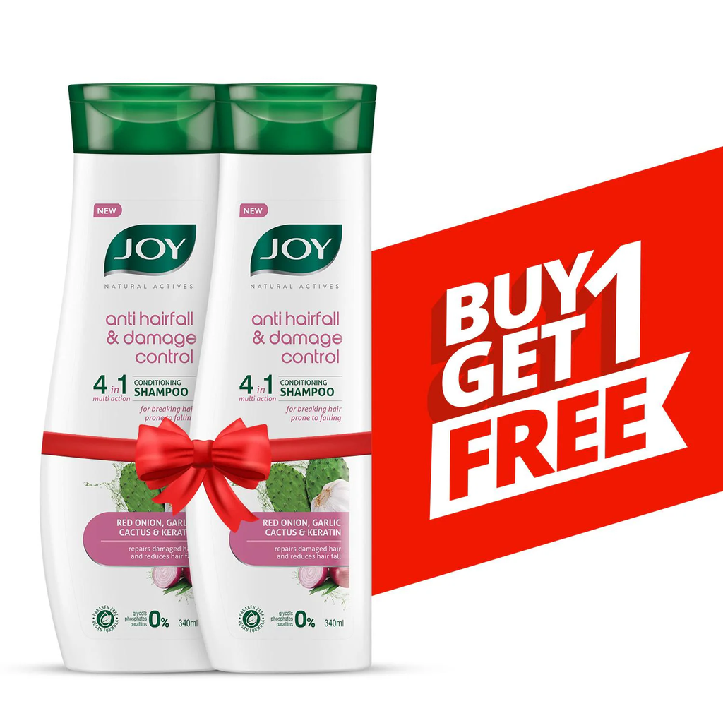 Joy Natural Actives Anti Hairfall & Damage Control 4-in-1 Multi Action Conditioning Shampoo With Red Onion Keratin, Cactus & Garlic extracts | Anti Hair Fall Conditioning Shampoo Pack of 340 ml (Buy 1 Get 1 Free)