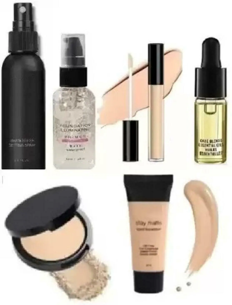 KA CAYLA Beauzy Face Makeup Combo 6 Bottle Fixer Spray, Concealer Sticks, Primer Bottle, Vitamin C Serum, Compact Powder and Foundation Tube (6 Items in the set)