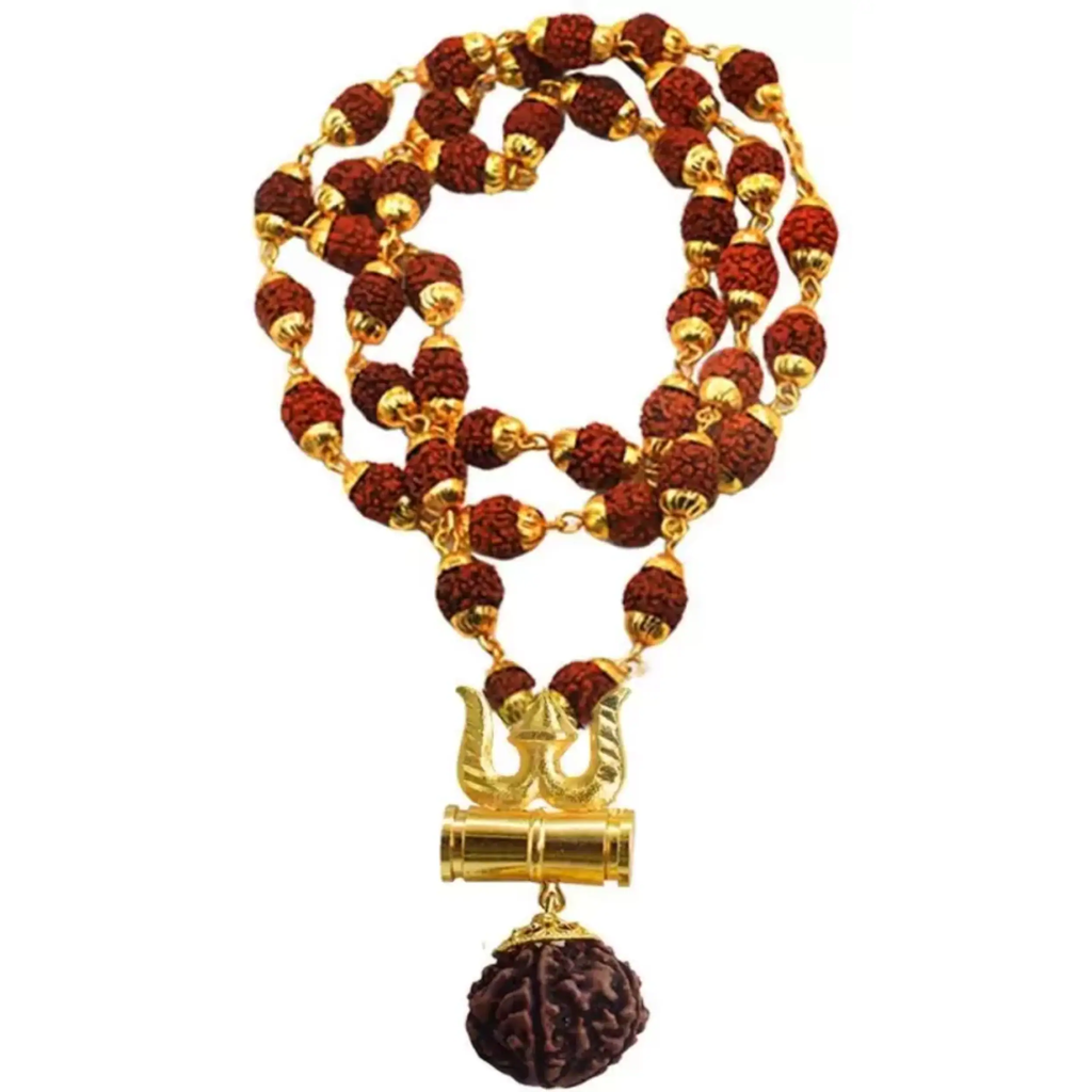 KRIWIN Religious Jewelry Lord Shiv Damru Locket With Puchmukhi Rudraksha Mala Gold-plated Plated Brass Chain