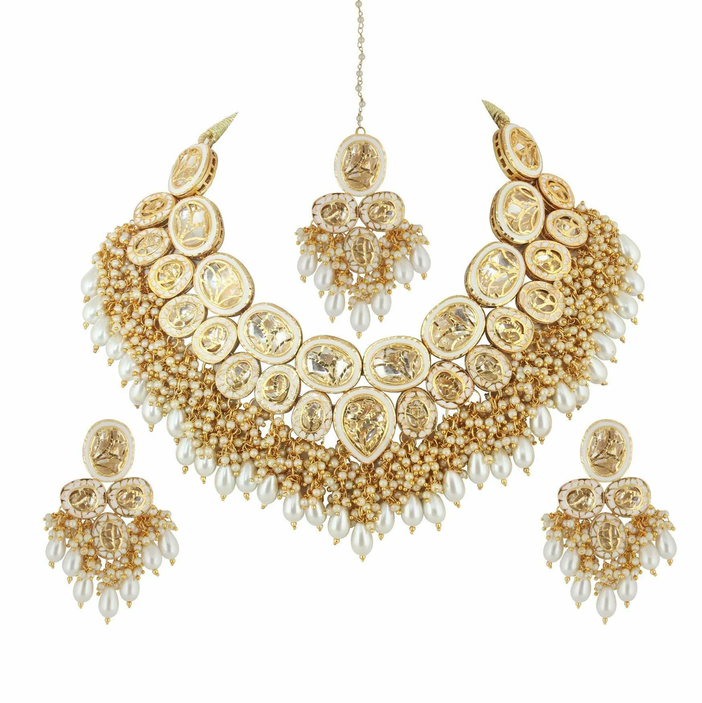 LUCKY JEWELLERY Back Meenakari Gold Plated White Color Kundan Choker Necklace set (2415-J5SK-1815-W)