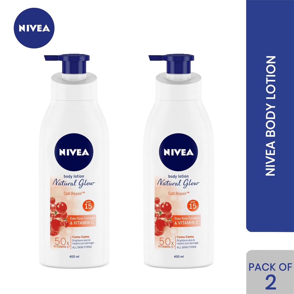 NIVEA Body Lotion Natural Glow, Cell Repair, SPF 15 & 50x Vitamin C 400 ml Pack of 2 (800ml)