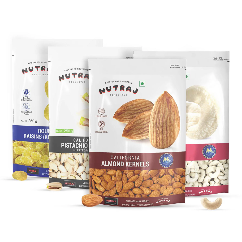 Nutraj Dry Fruits Combo Pack 1 Kg (Almonds 250g, Cashews 250gm, Roasted Salted Pistachios 250g, Raisins 250g)
