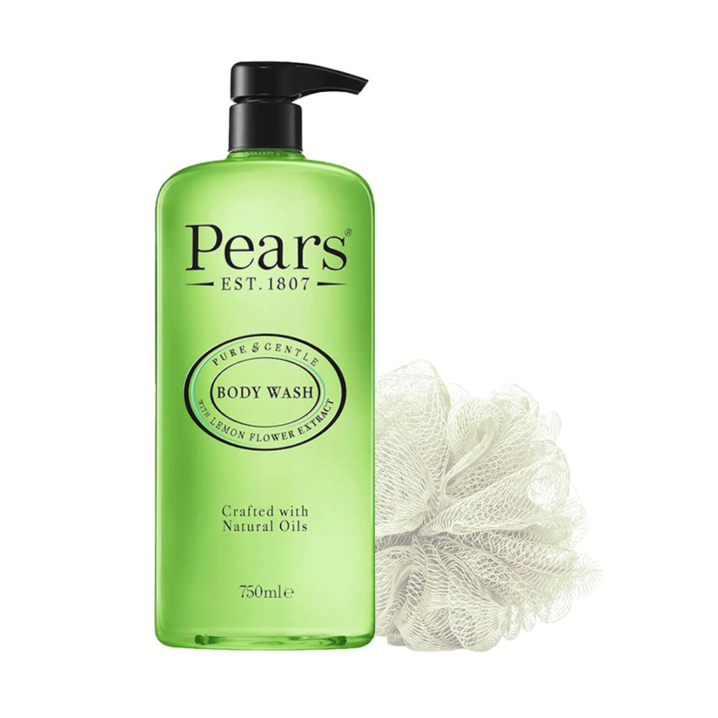 Pears Pure & Gentle Lemon Flower Extract Body Wash With Glycerin, Dermatogically Tested, 100% Soap Free Shower gel,Imported,750 ml (Free Loofah)