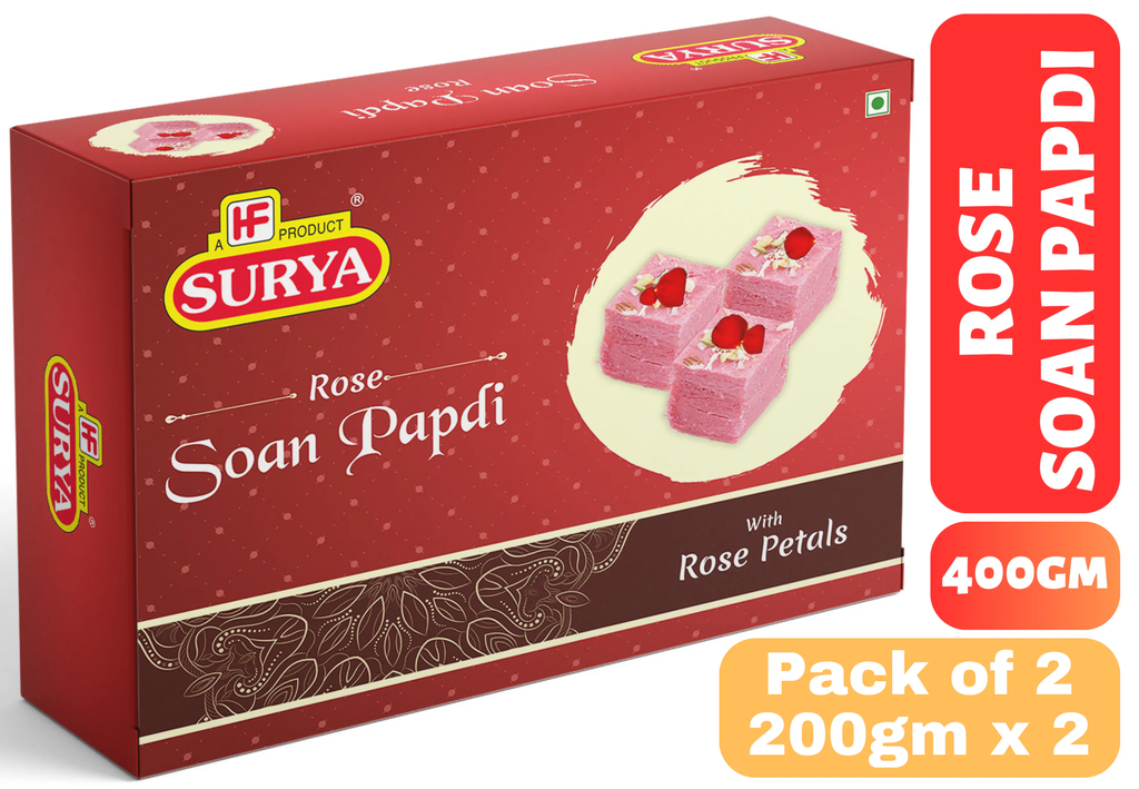 HF, Surya 400g Rose Soan Papdi, with real rose petals (Pack of 2; 200g x 2) | Best Indian Sweet