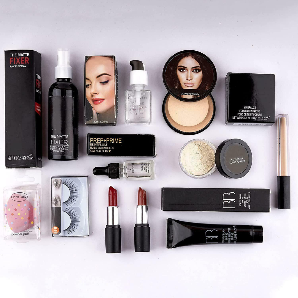 Toroka Women Makeup Kit (Fixer, Bottle Primer, Compact, Loose Powder, BB Cream, Face Serum, Eyelash, Lipsticks) pack of 11