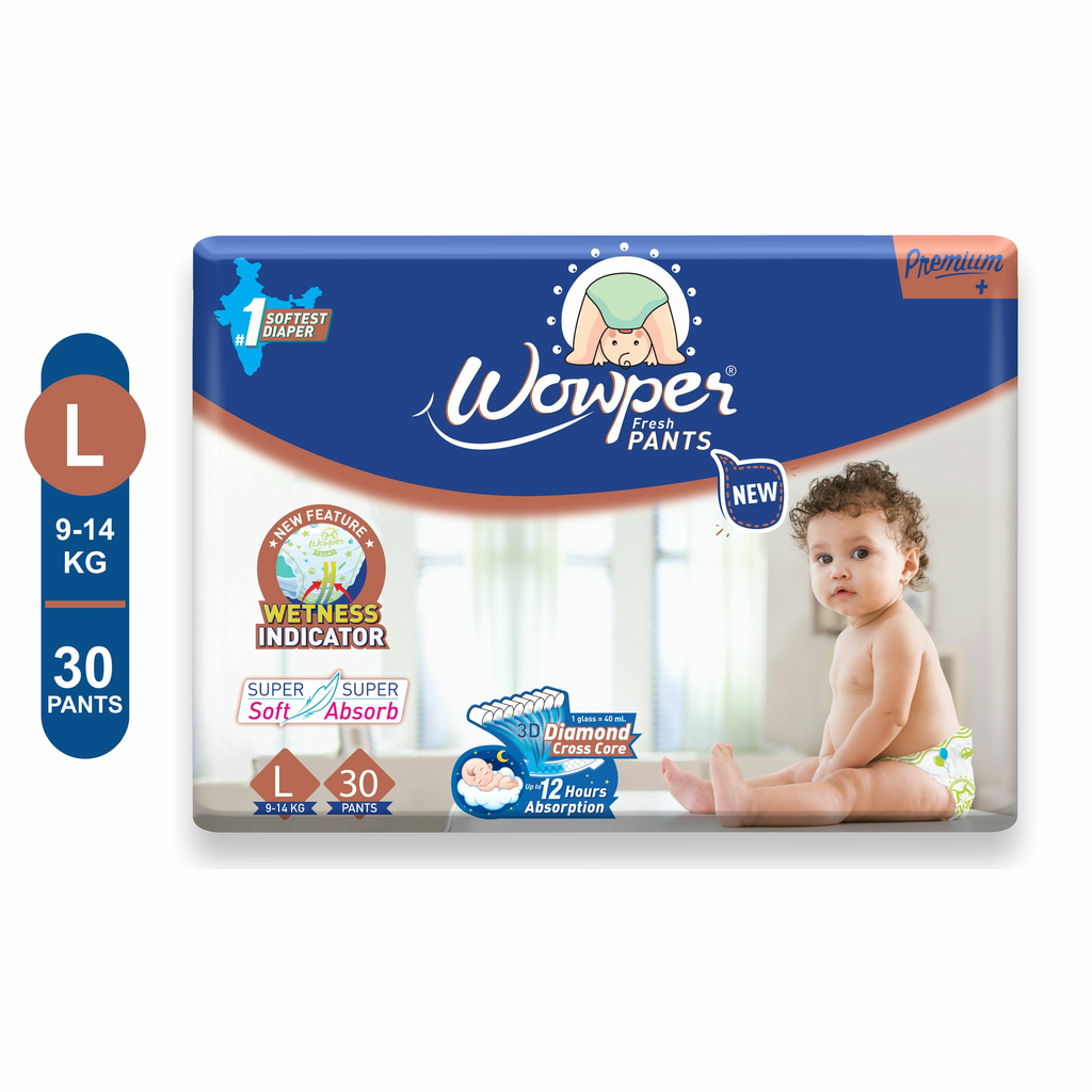 Wowper Fresh Baby Diaper Pants | Large (L) Size - 30 Pieces 9-14 Kg | Pack of 1 | Wetness Indicator | Upto 12 Hrs Absorption |