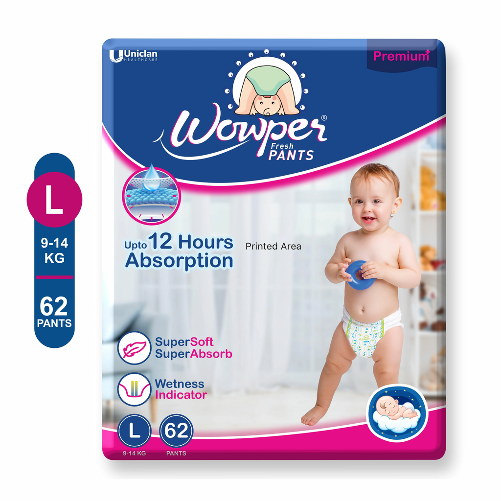 Wowper Fresh Baby Diaper Pants | Large (L) Size - 62 Pieces 9-14 Kg | Pack of 1 | Wetness Indicator | Upto 12 Hrs Absorption |