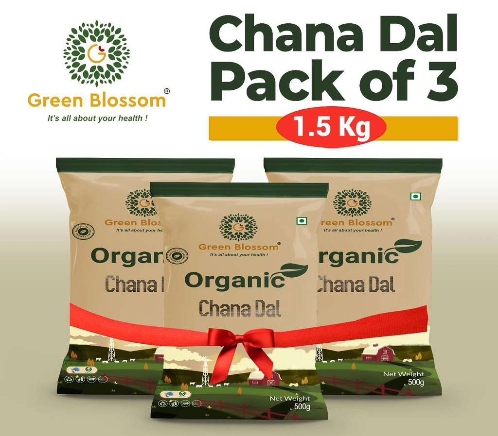 Organic Chana Dal / Split Bengal Gram - 1.5 Kg (500 gms, Pack of 3) I Unpolished I Green Blossom