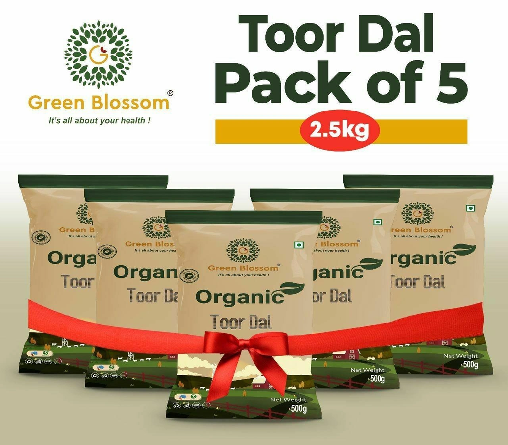 Organic Toor Dal /Arhar Dal (unpolished) - 2.5 Kg (500 gms, Pack of 5) I Green Blossom