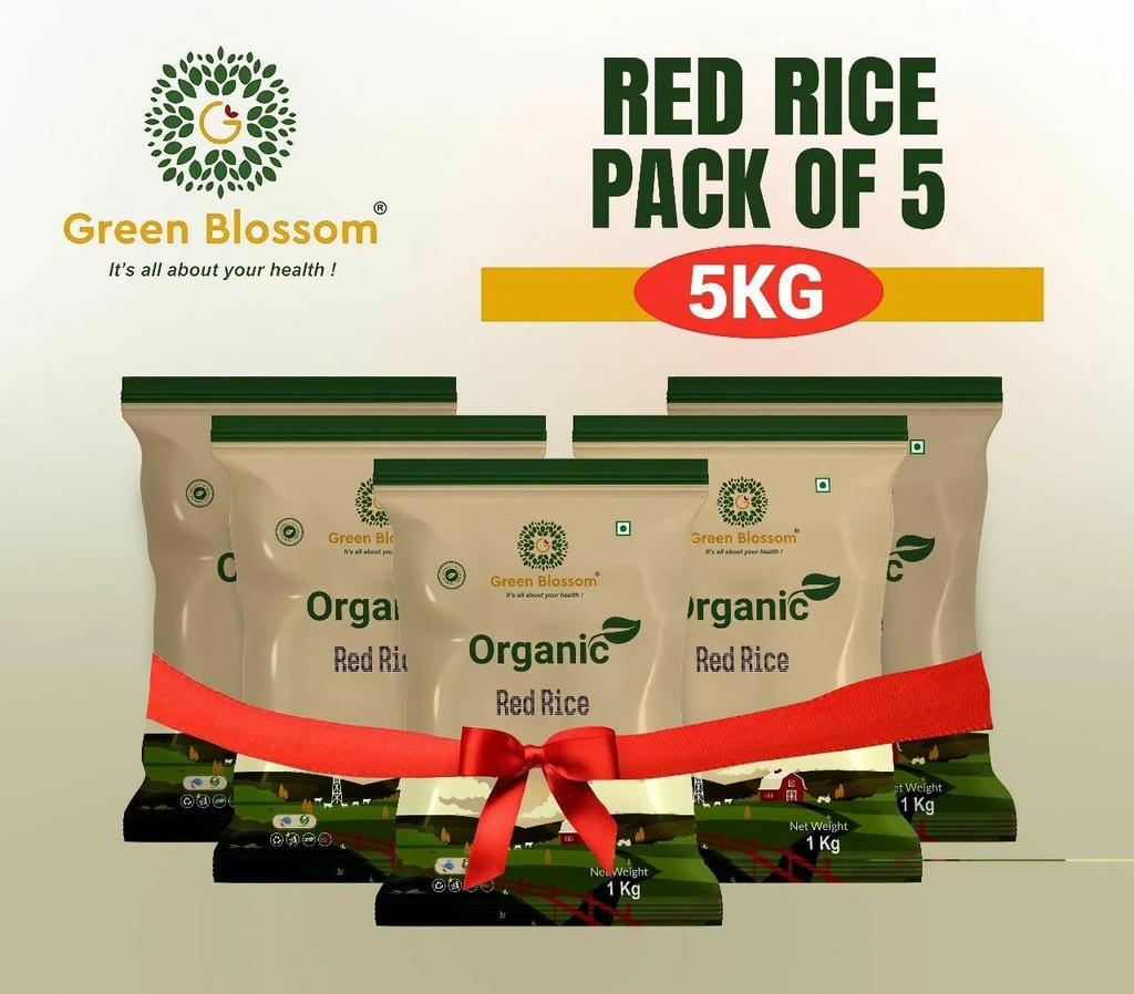 Organic Red Rice - 5 Kg (1 Kg, Pack of 5) I Unpolished I Green Blossom