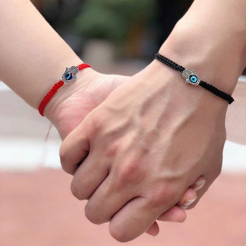 AJS Evil Eye Hamsa Hand String 2Pcs Adjustable Red & Black Cord Woven Bracelet for Couple Bracelets