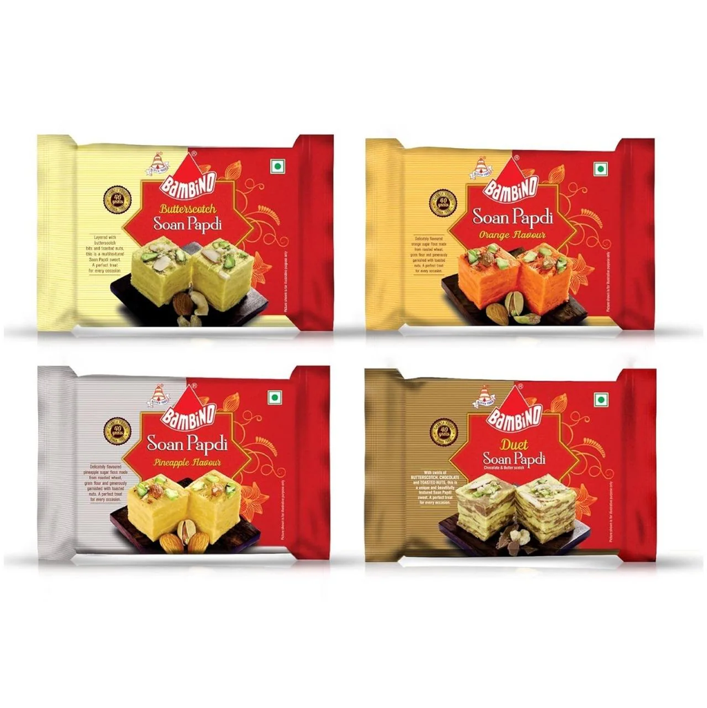 Bambino Soan Papdi Assorted Pack Each 200 Gms X Pack of 4 800 Gms (Butterscotch, Orange, Duet, Pineapple)