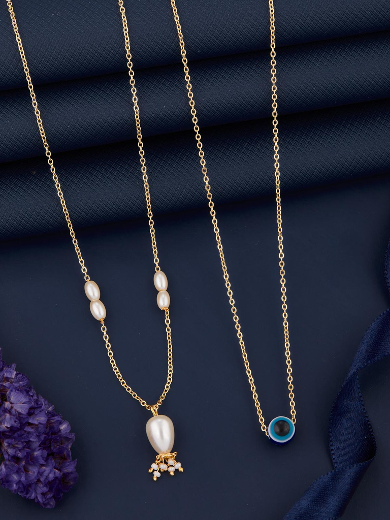 Brandsoon Neck Chain Beautiful Moti and eyes Design Casual Brass Gold Plated 2Combo Women's and Girl's Chain and pendent