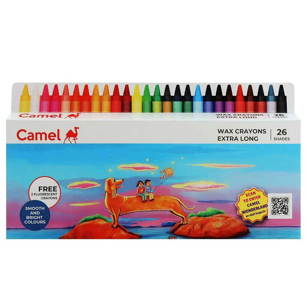 Camlin Assorted Wax Extra Long Wax Crayons With 2 Glitter Shades (26 Shades)
