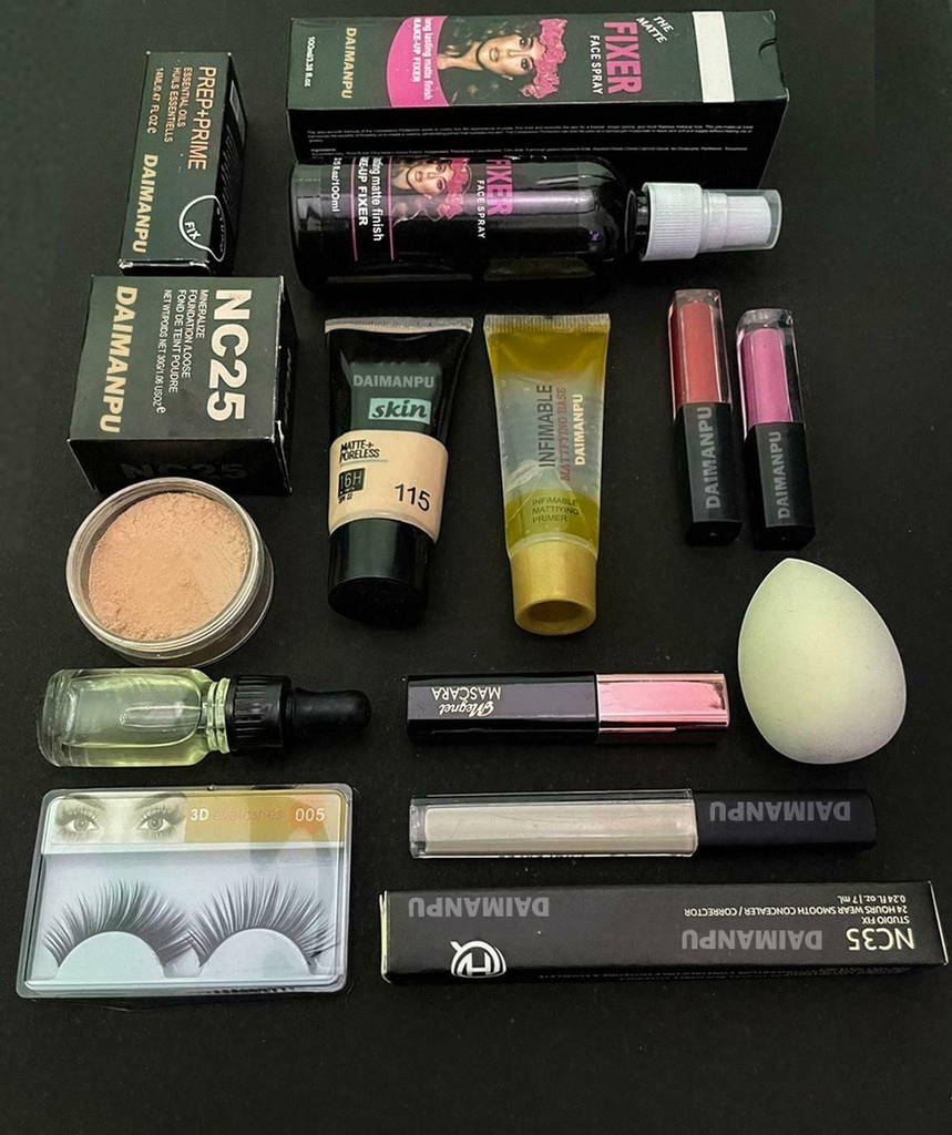 DAIMANPU Fixer, Mini Matte Lipsticks, Face Primer, Face Powder, Oil, Black Mascara Makeup Set (11 Items in the set)