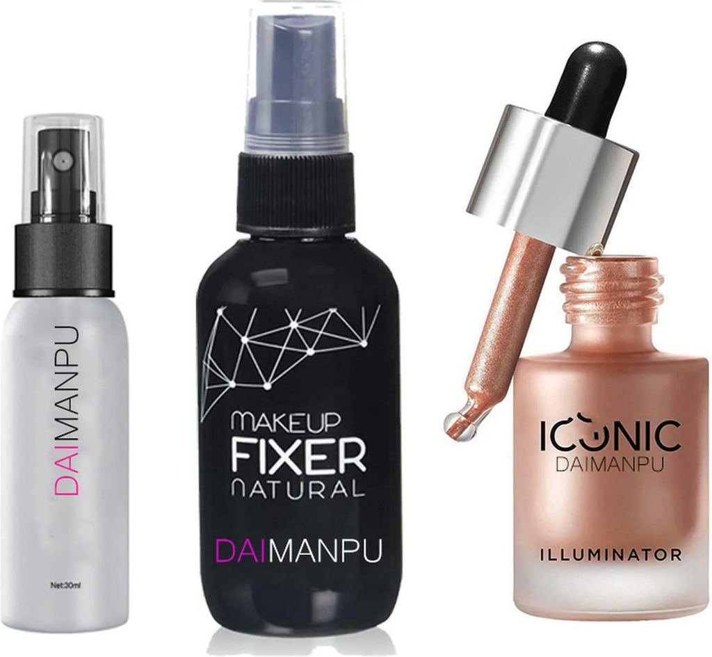 DAIMANPU Makeup Primer, Makeup Fixer and Makeup Liqiud Highlighter Combo for Women Waterproof Longlast (3 Items in the set)