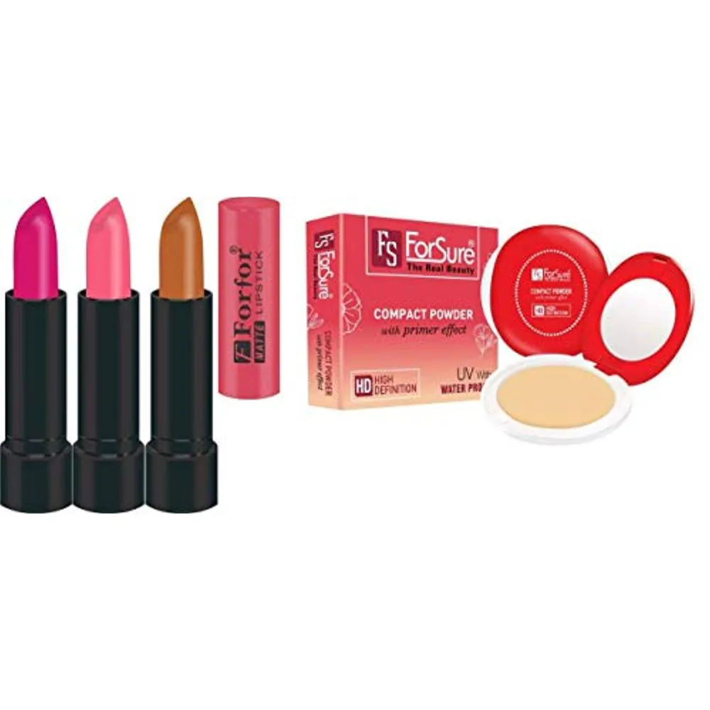 FS ForSure Compact Powder with Primer Effect & Forfor Matte Lipstick (Pack of 4) Multicolor