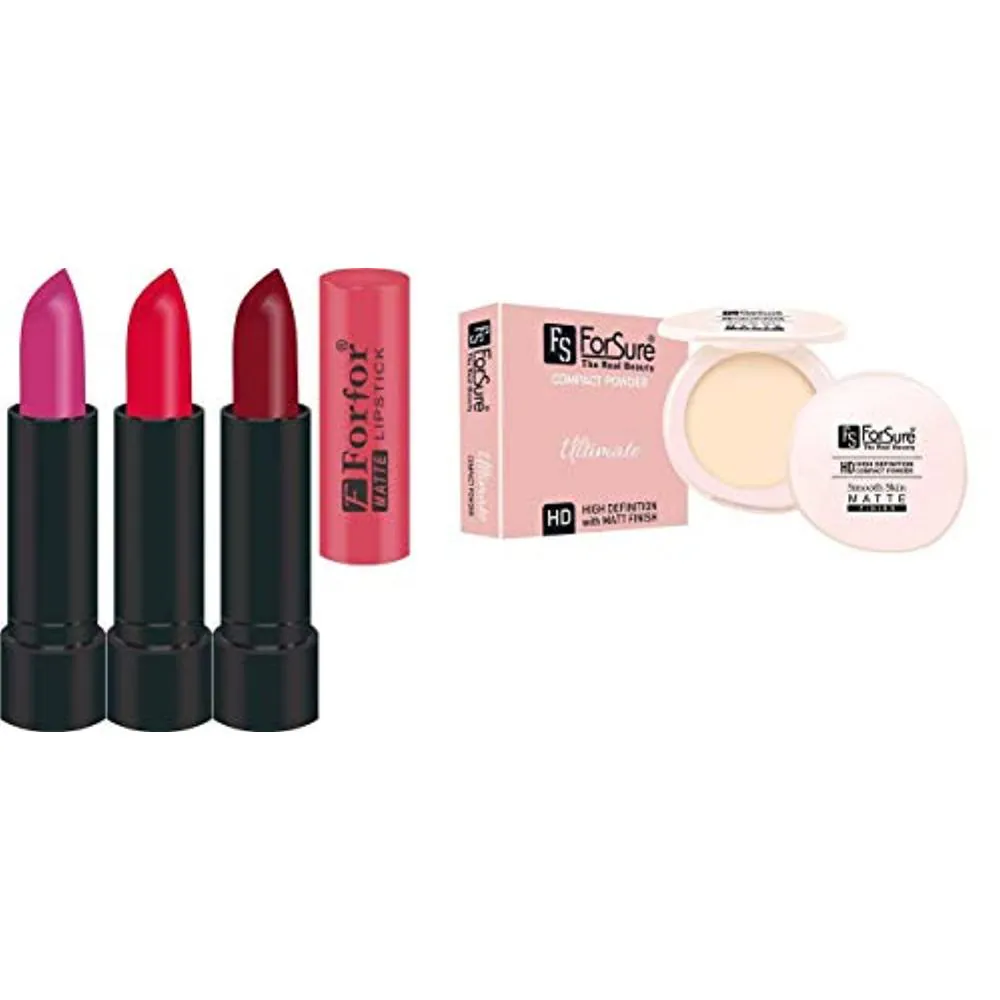 FS ForSure Compact Powder with Primer Effect & Forfor Matte Lipstick (Pack of 4) Multicolor