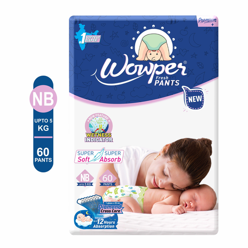 Wowper Fesh Pant Style Diaper (New Born) 60 Count (0-5 kg)