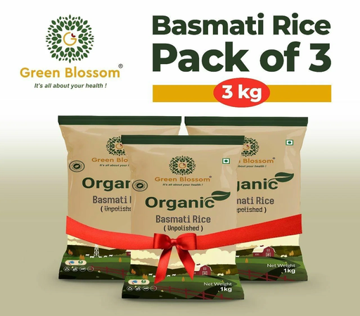 Organic Basmati Rice White - 3 Kg (1 Kg, Pack of 3) I Green Blossom