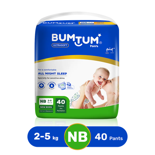 Bumtum Baby Diaper Pants, New Born, 40 Count, Double Layer Leakage Protection Infused With Aloe Vera, Cottony Soft High Absorb Technology (Pack of 1)