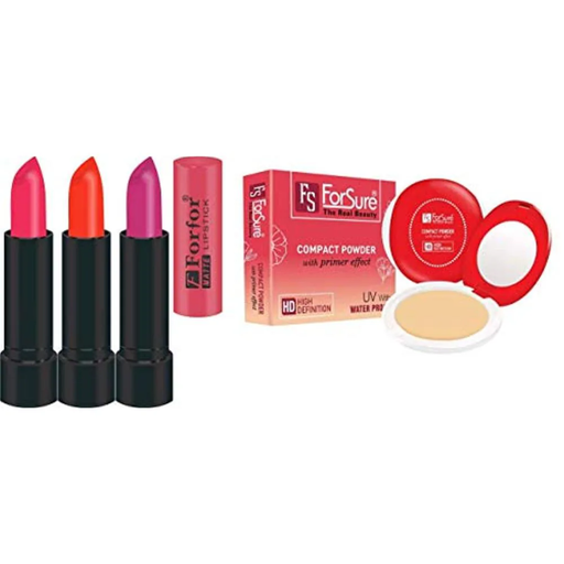 FS ForSure Compact Powder with Primer Effect & Forfor Matte Lipstick (Pack of 4) Multicolor